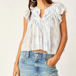 Free People FP One Padma Top Printed Ivory Flutter Sleeve Blouse New S
